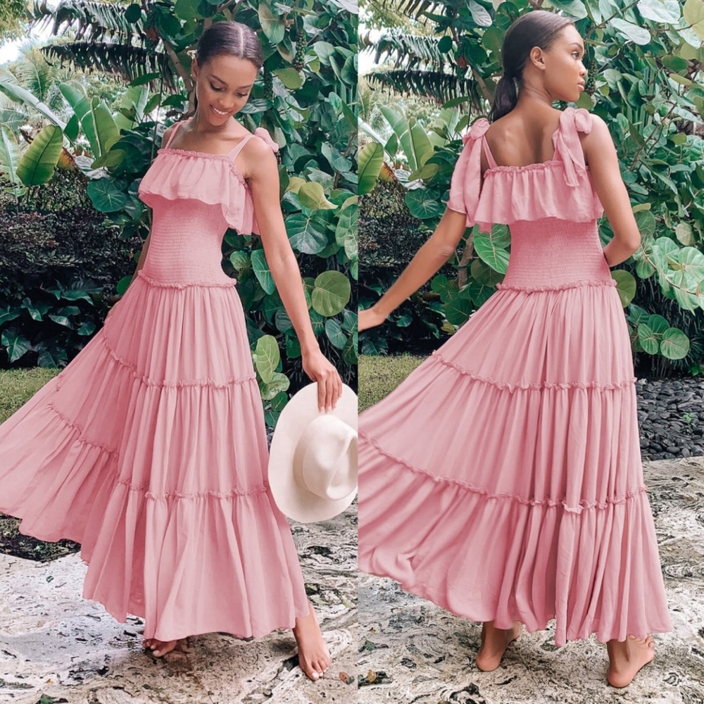 Like a Fairy Tale Dusty Pink Smocked Tie-Strap Tiered Maxi Dress Small